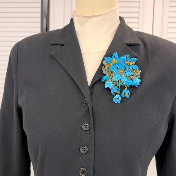 Collectable Traditional Turkish Brooch Oya Blue Needle Lace & Beading - Picture 5 of 8